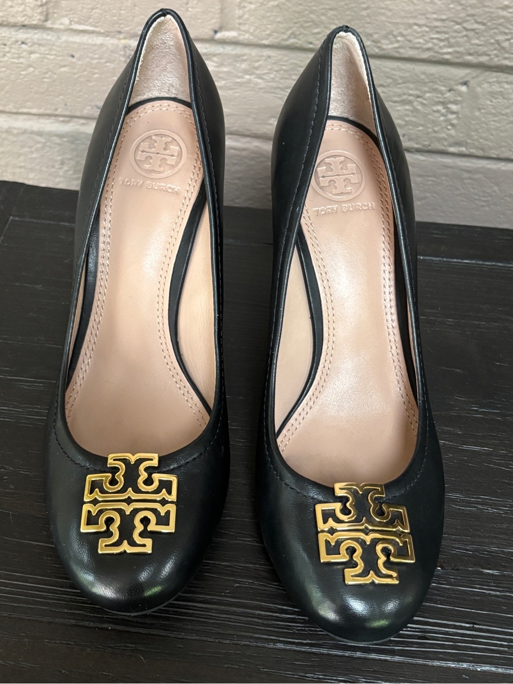 Tory Burch Black Leather Wedge Pumps with Gold Logo 6